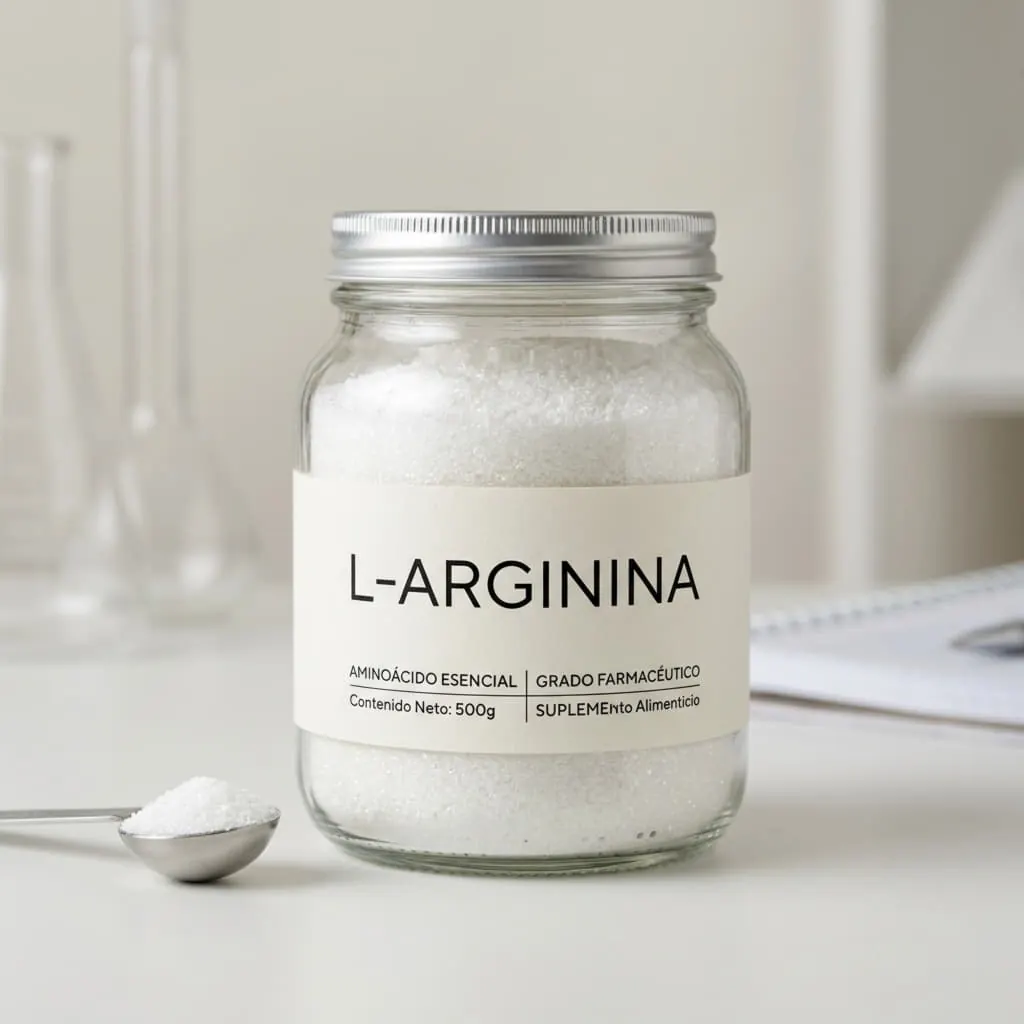 Envase de L-arginina en polvo con cuchara dosificadora