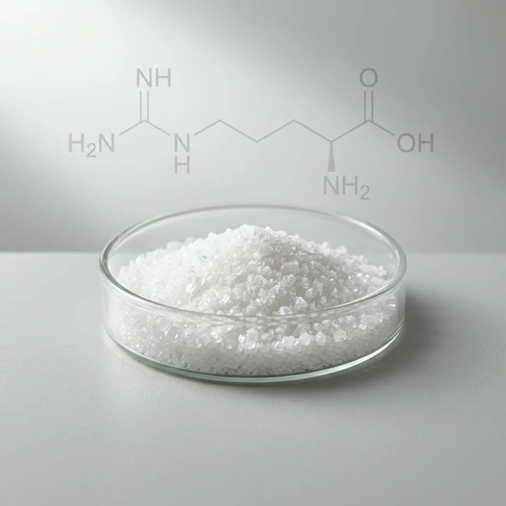 Estructura química de la L-arginina junto a una muestra del aminoácido en polvo