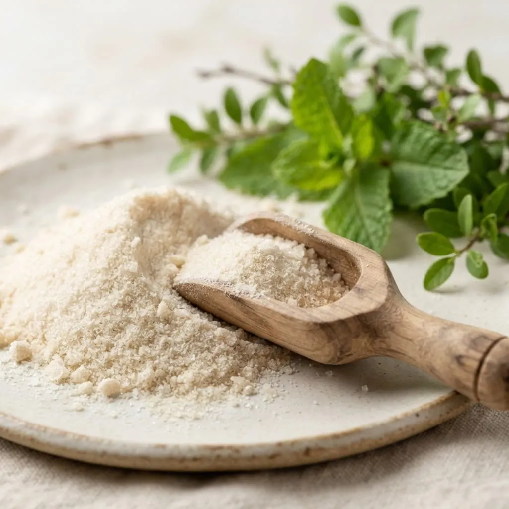 L-carnitina en polvo servida con cuchara de madera
