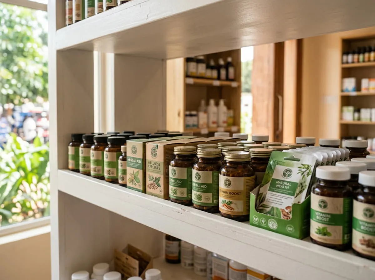 Sección de suplementos y vitaminas en farmacia