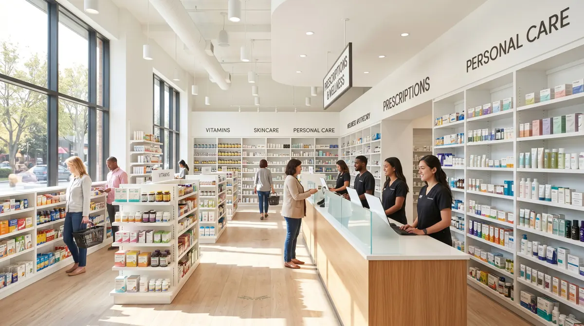 Interior de una farmacia mexicana con estantes de suplementos