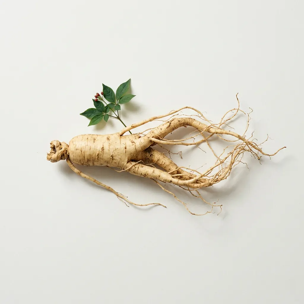 Raíz de Panax ginseng con hojas verdes