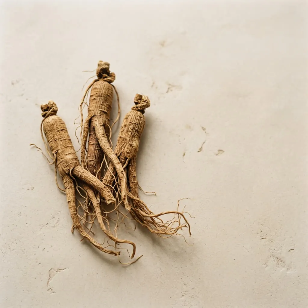 Raíces secas de ginseng Panax sobre fondo neutro