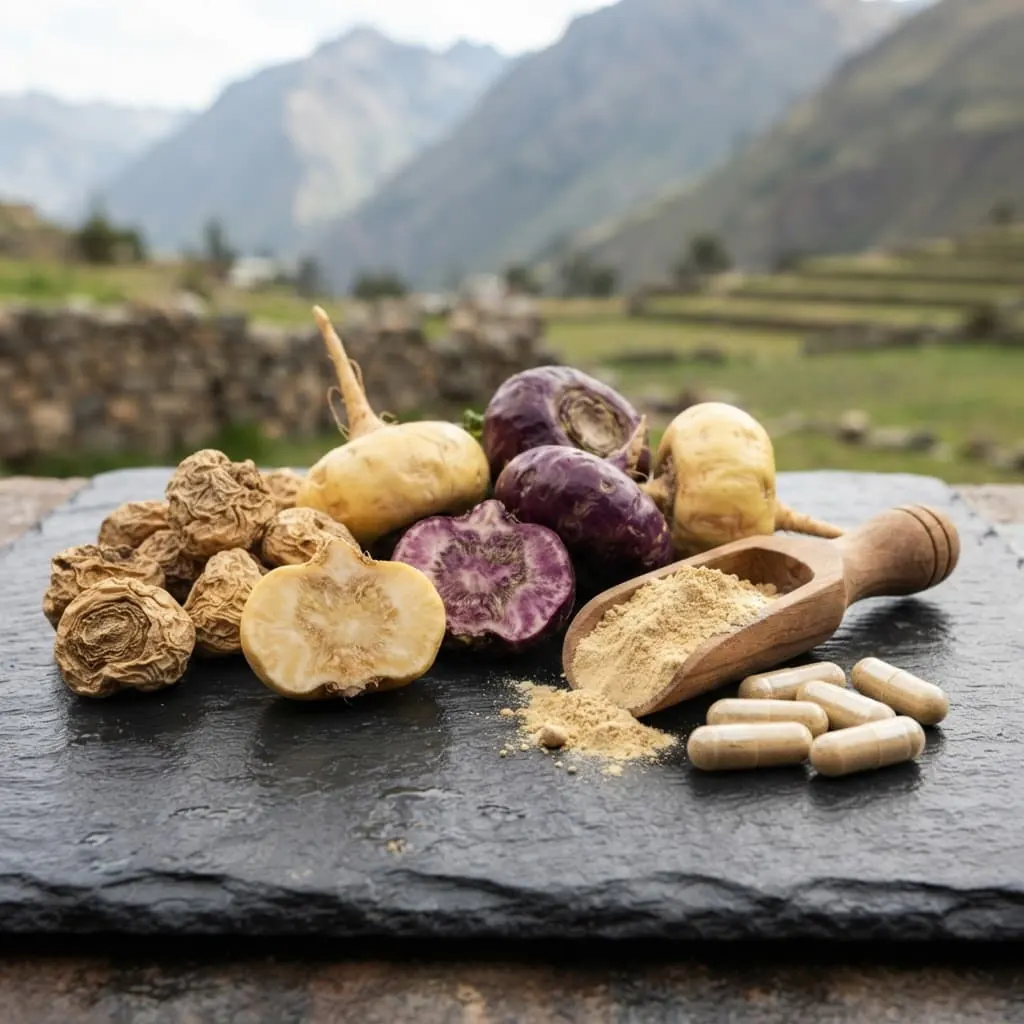 Raíces de maca peruana recién cosechadas en un paisaje andino