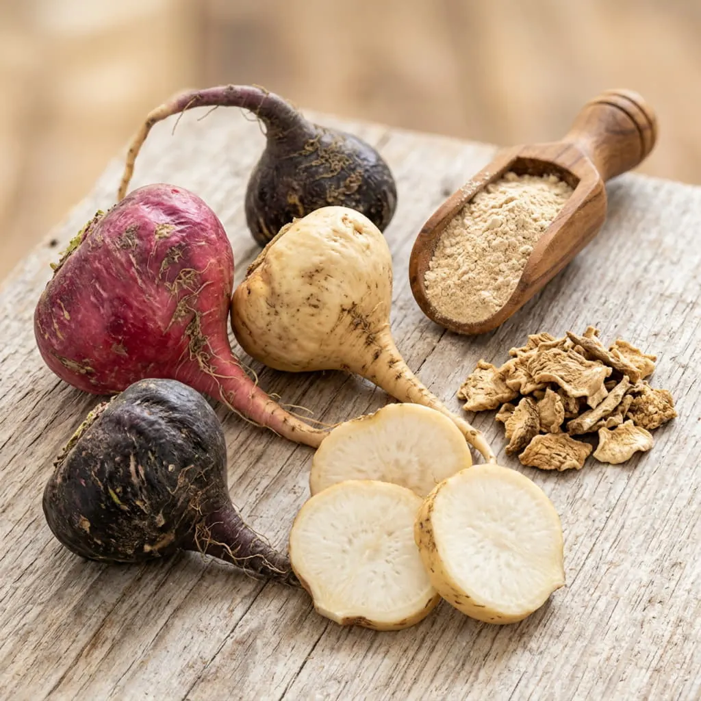 Raíces de maca peruana de distintas variedades cortadas sobre madera