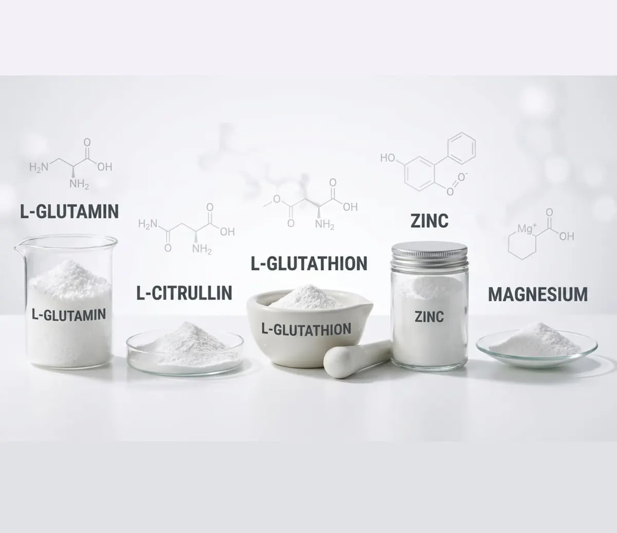 Varios envases de suplementos: L-glutamina, L-citrulina, zinc y magnesio