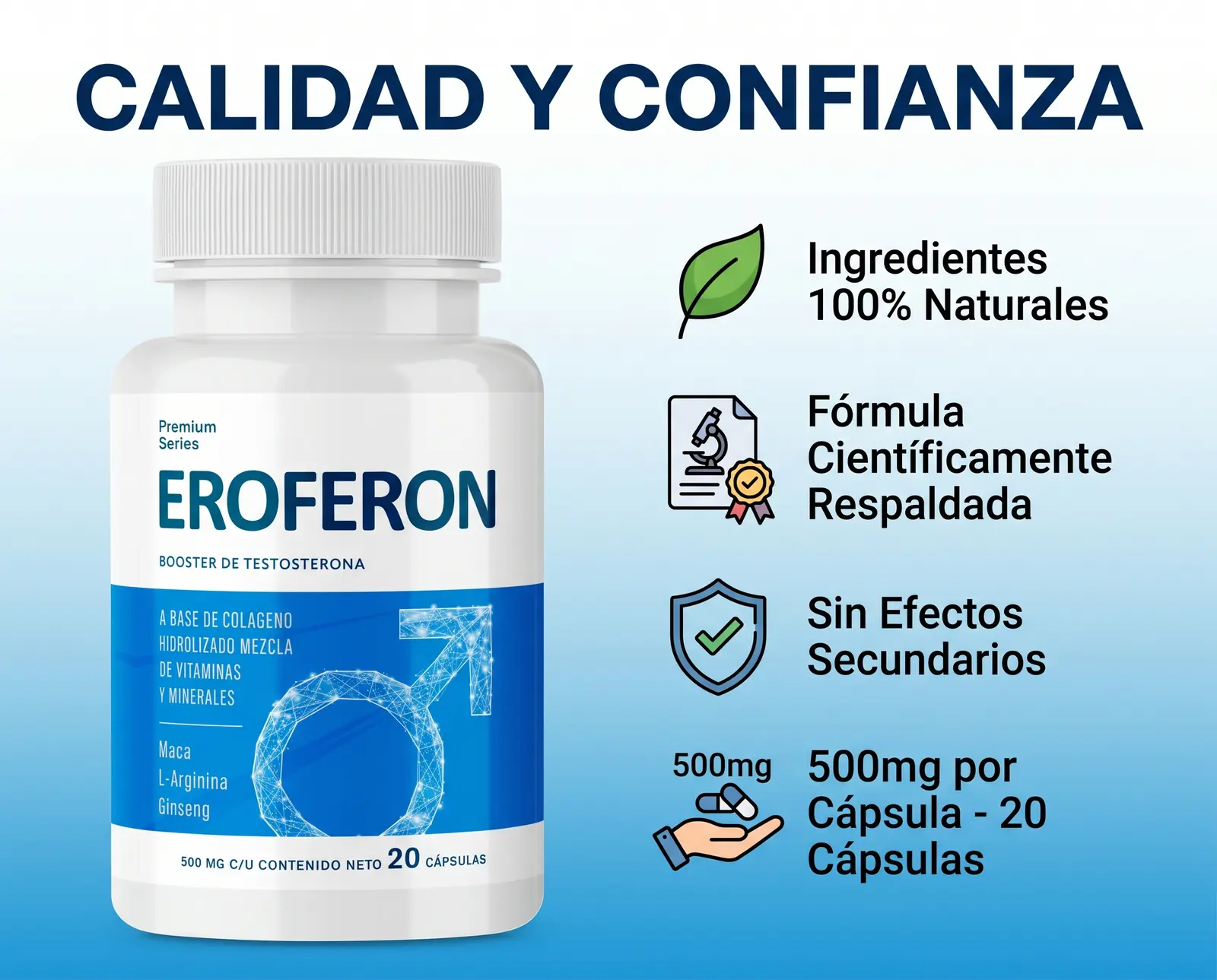 Frasco de Eroferon sobre fondo claro, con el envase y la etiqueta del suplemento visibles
