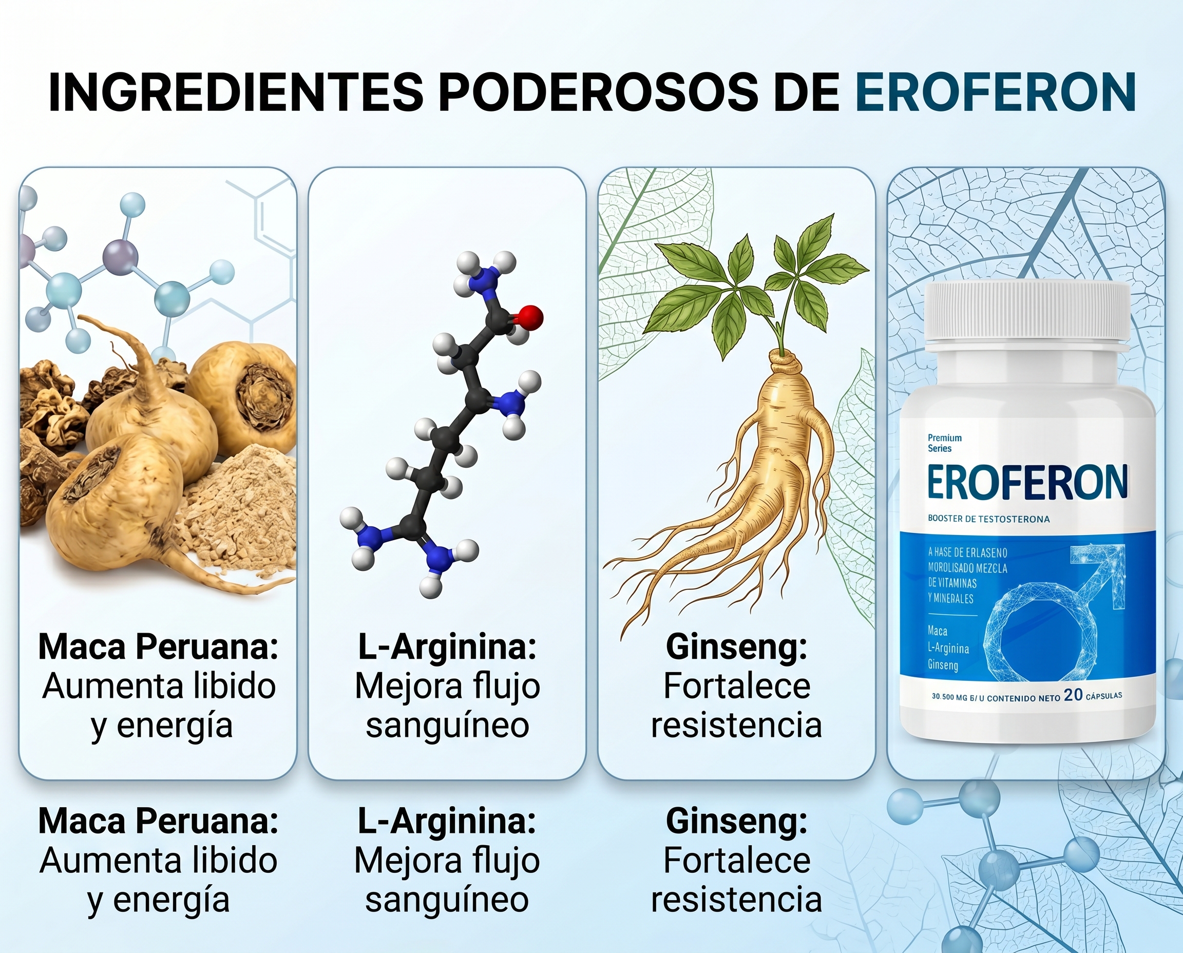 Ingredientes poderosos de Eroferon — Maca peruana, L-Arginina, Ginseng y matriz de colágeno con vitaminas y minerales