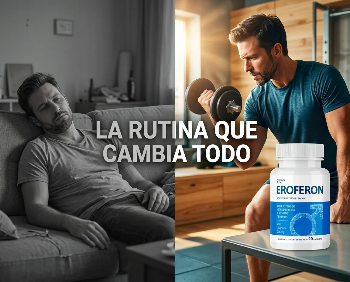 Hombre adulto tomando una cápsula de Eroferon con agua durante su rutina de la mañana